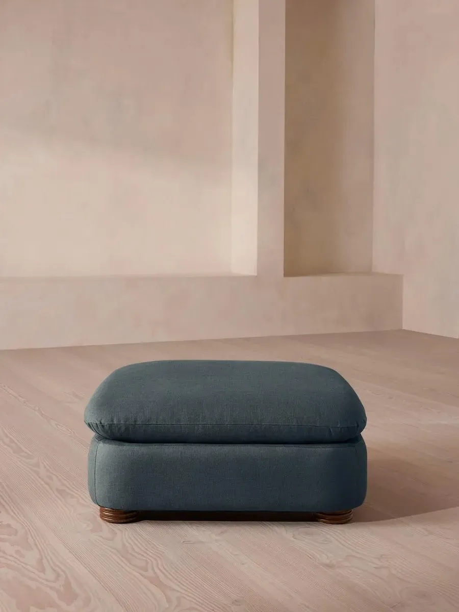Square Ottoman with Curved Edges - Prussian Blue, Linen