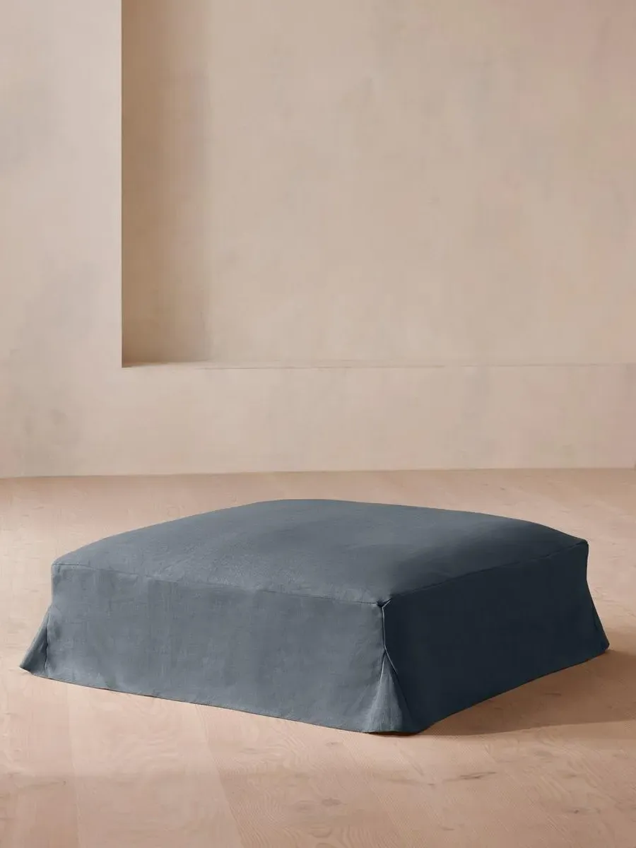 Square Ottoman with Slip Cover - Prussian Blue, Linen
