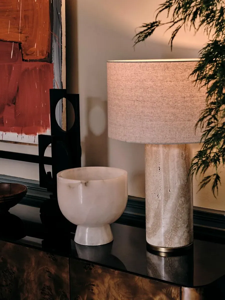 Stone Table Lamp with Brass Detail - Cream image