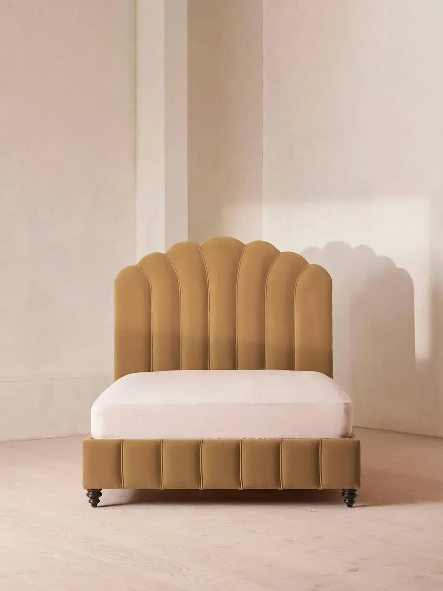 Super King Bed with Fan Headboard - Camel, Velvet