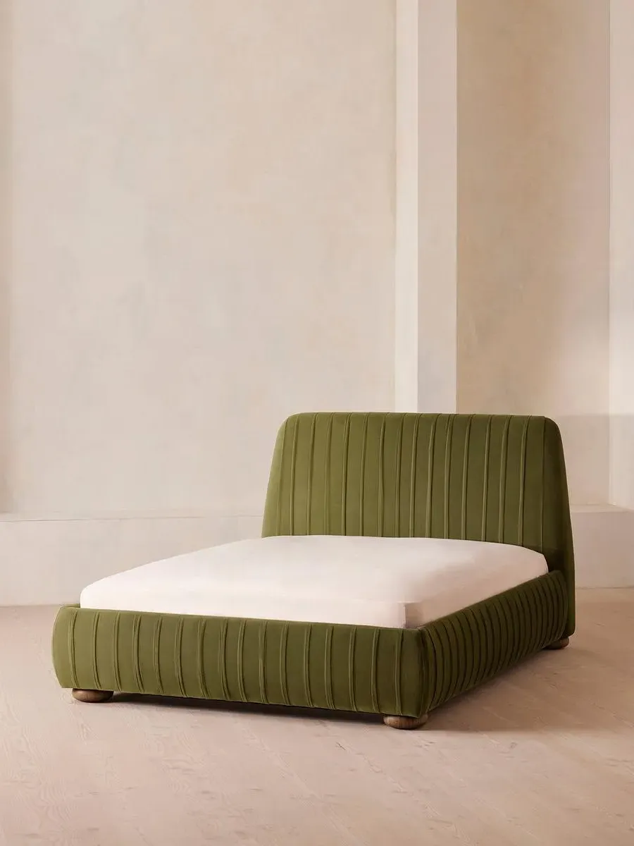 Super King Bed with Pleated Headboard - Olive, Velvet