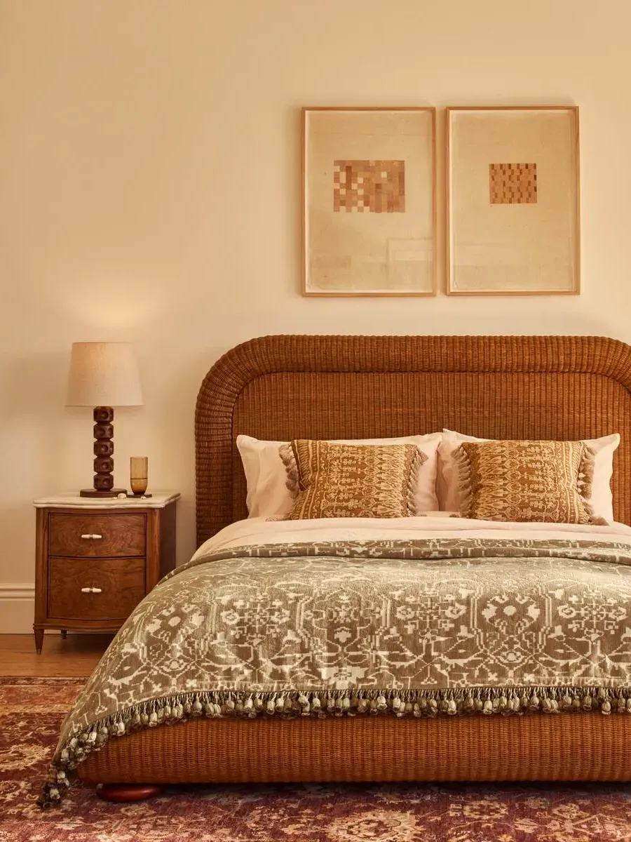 Super King Bed with Rattan Details - Mahogany