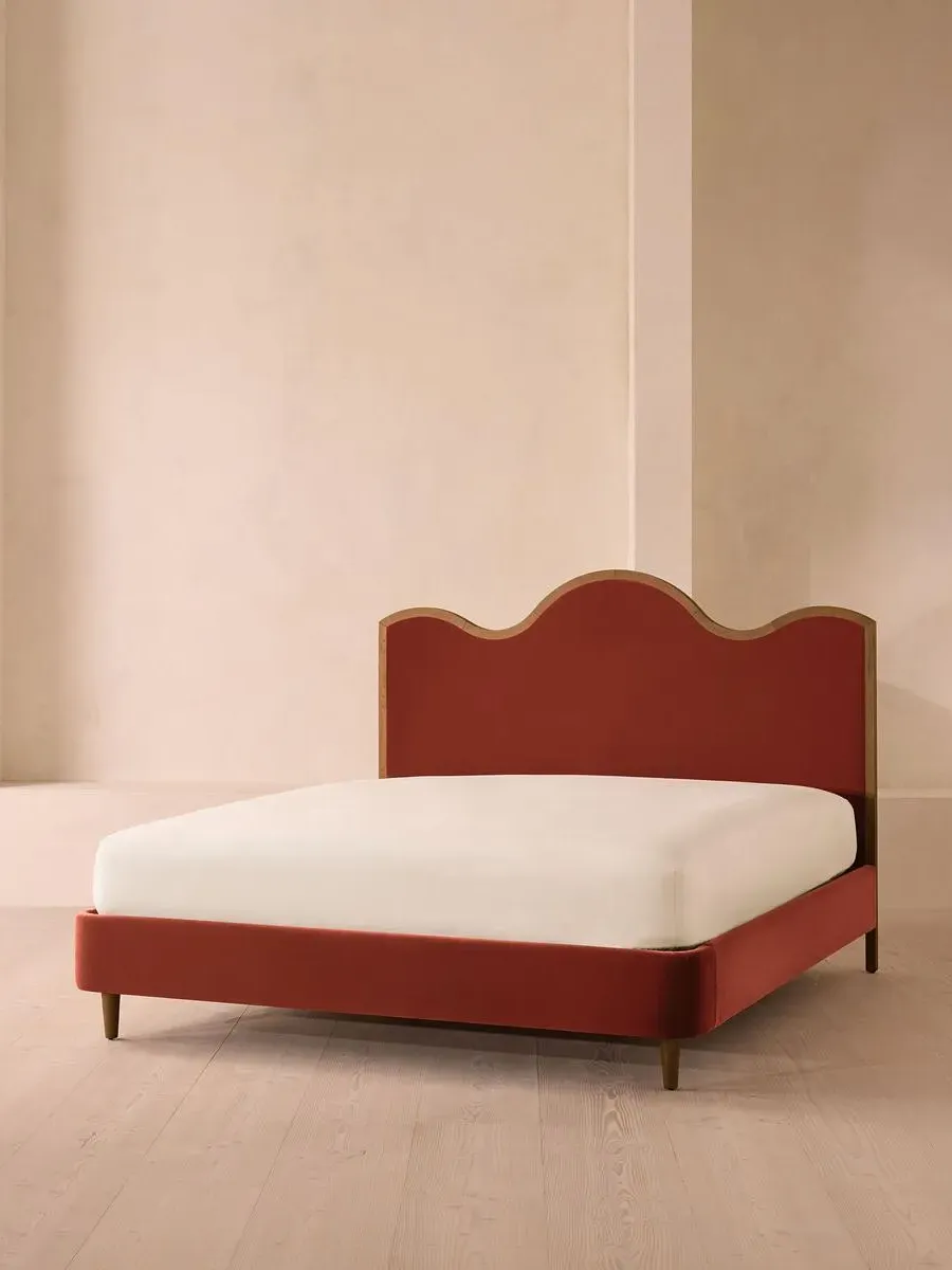 Super King Bed with Waved Headboard - Rust, Velvet