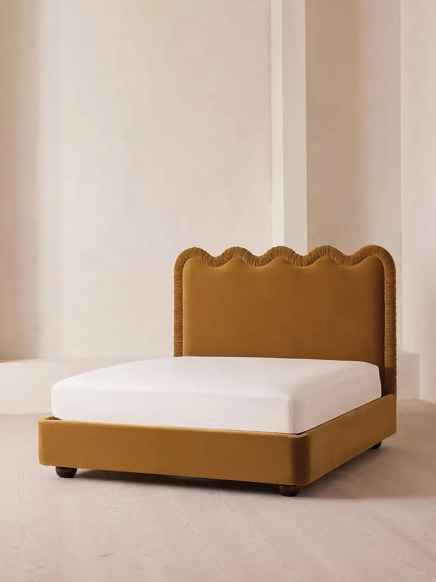 Super King Bed with Wavy Headboard - Mustard, Velvet