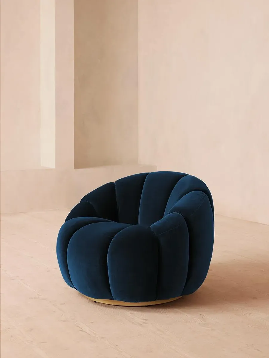 Swivel Armchair with Brass Base - Blue, Velvet image