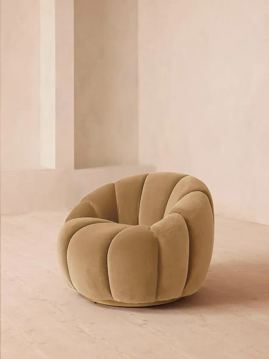 Swivel Armchair with Brass Base - Camel, Velvet