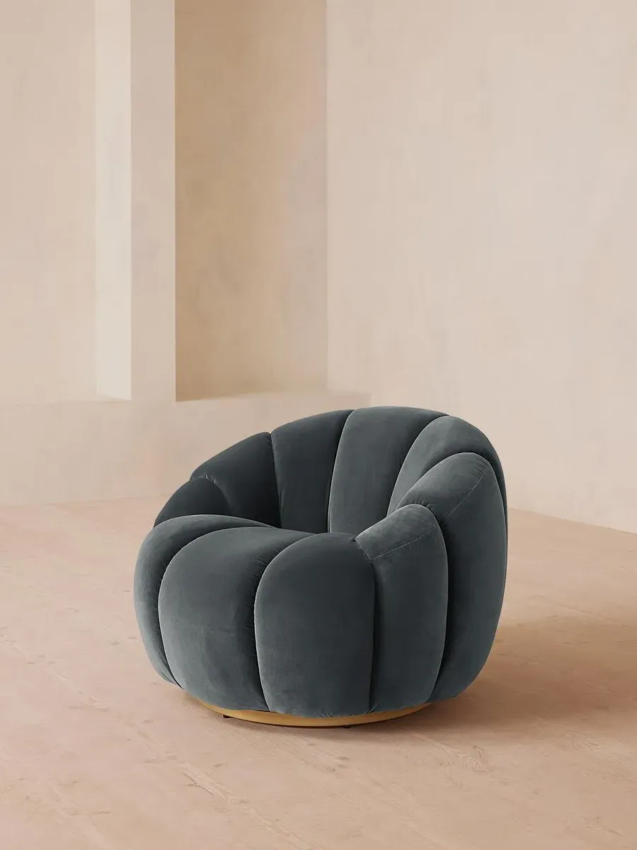 Swivel Armchair with Brass Base - Grey Blue, Velvet