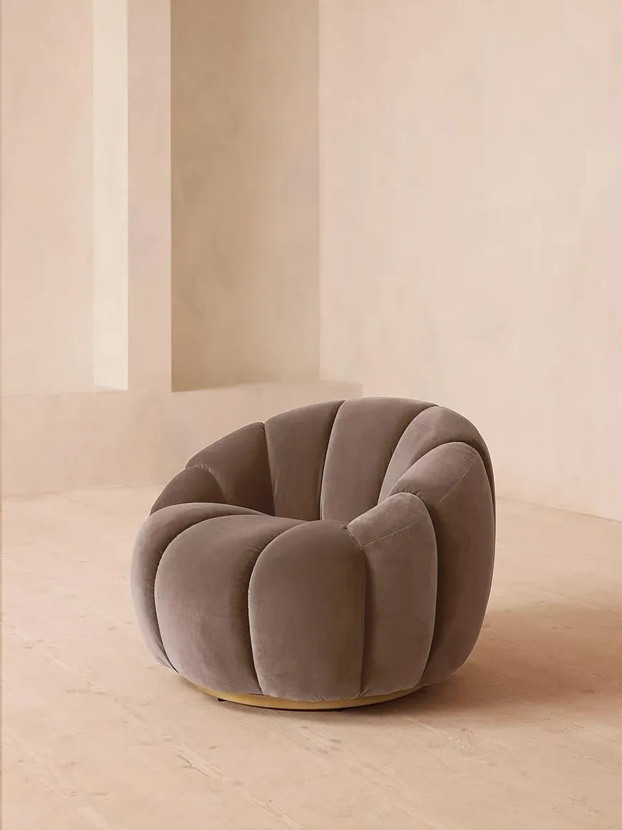 Swivel Armchair with Brass Base - Taupe, Velvet