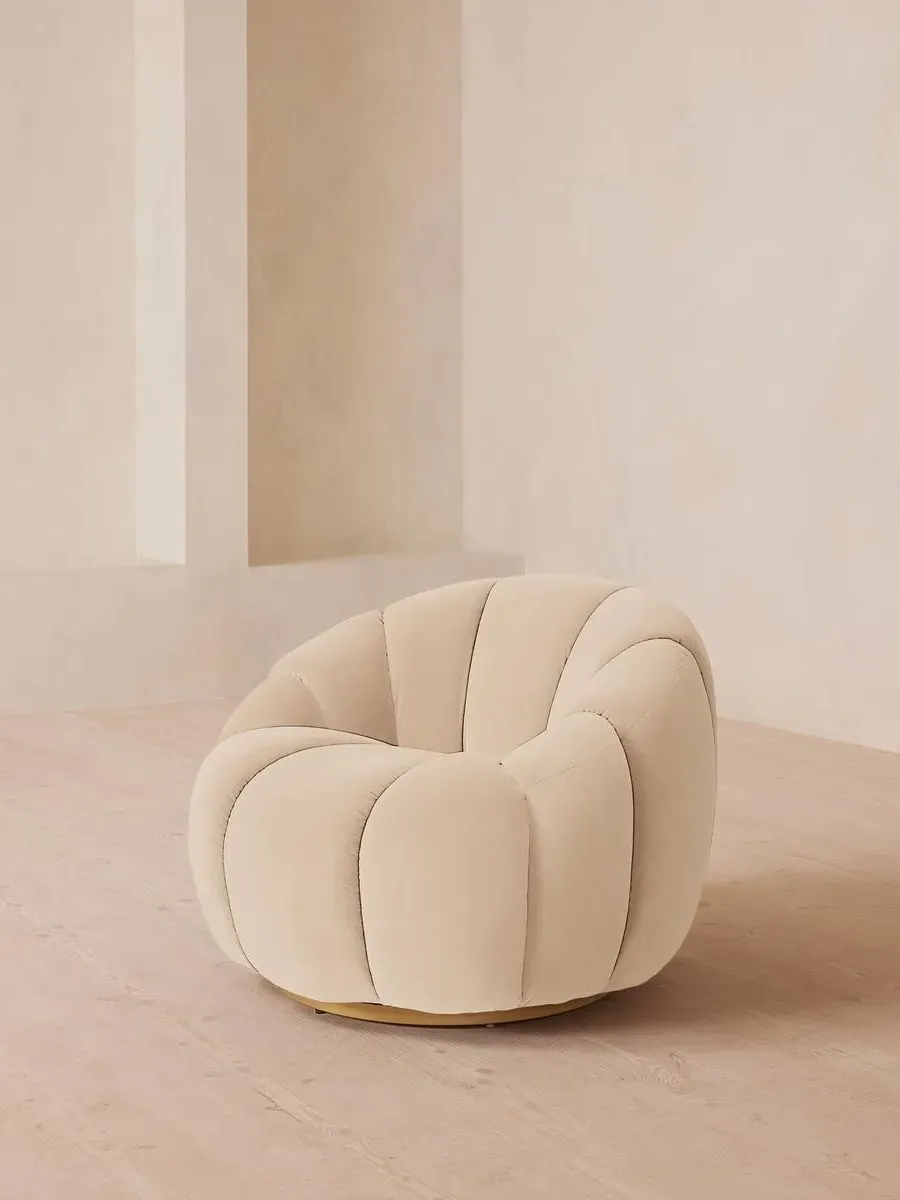 Swivel Armchair with Brass Base - White, Velvet