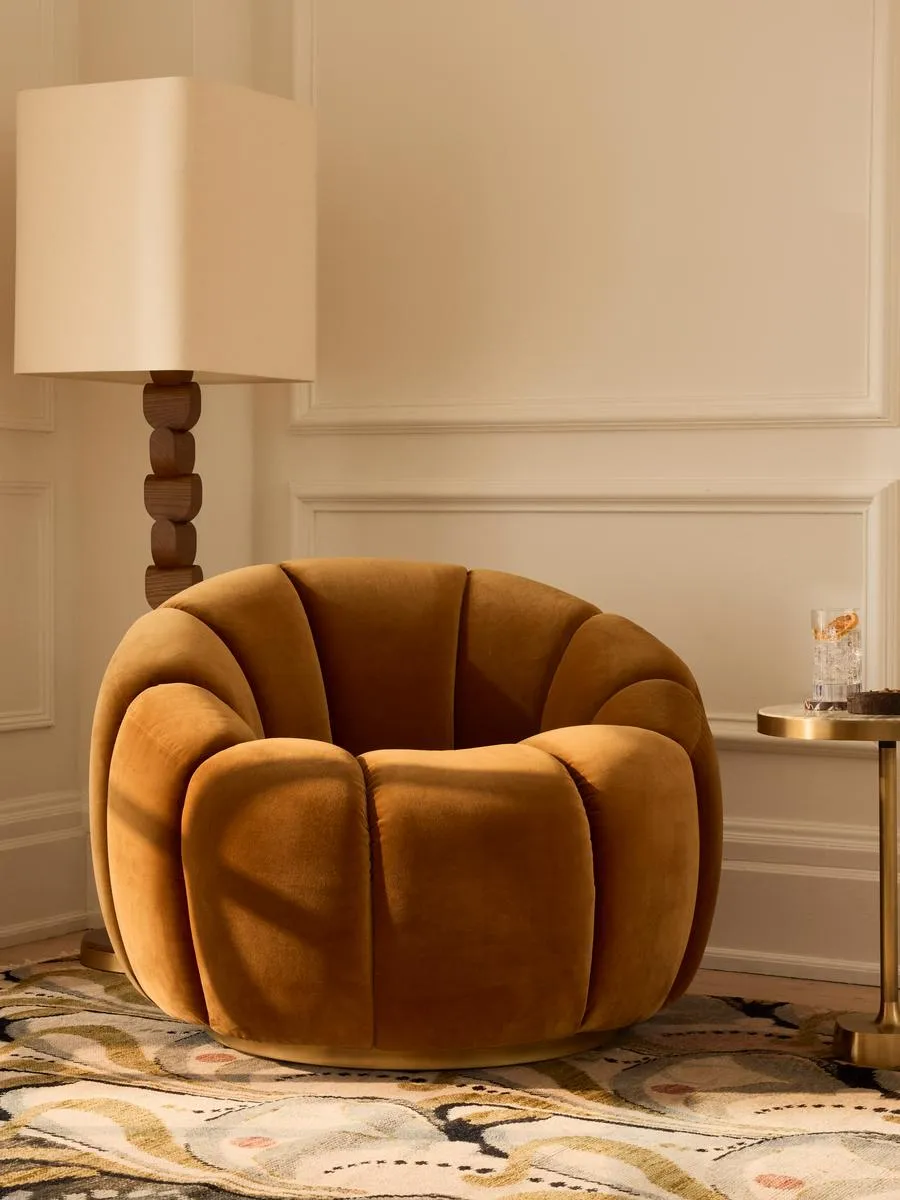 Swivel Armchair with Brass Detail - Mustard, Velvet