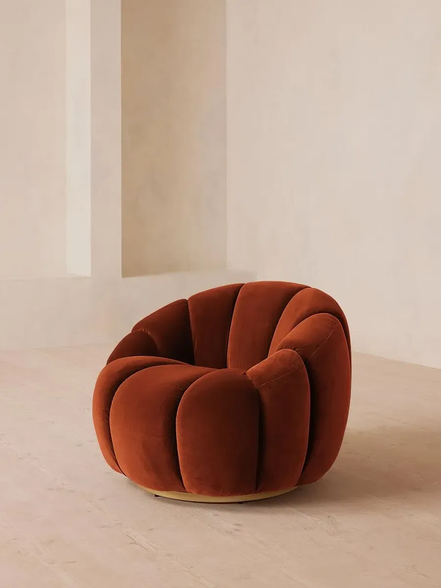 Swivel Armchair with Brass Detail - Rust, Velvet