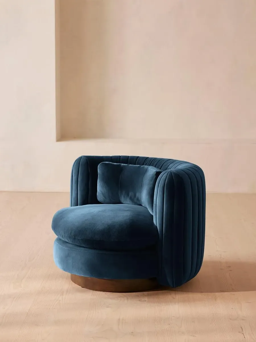 Swivel Armchair with Pleated Back - Blue, Velvet image
