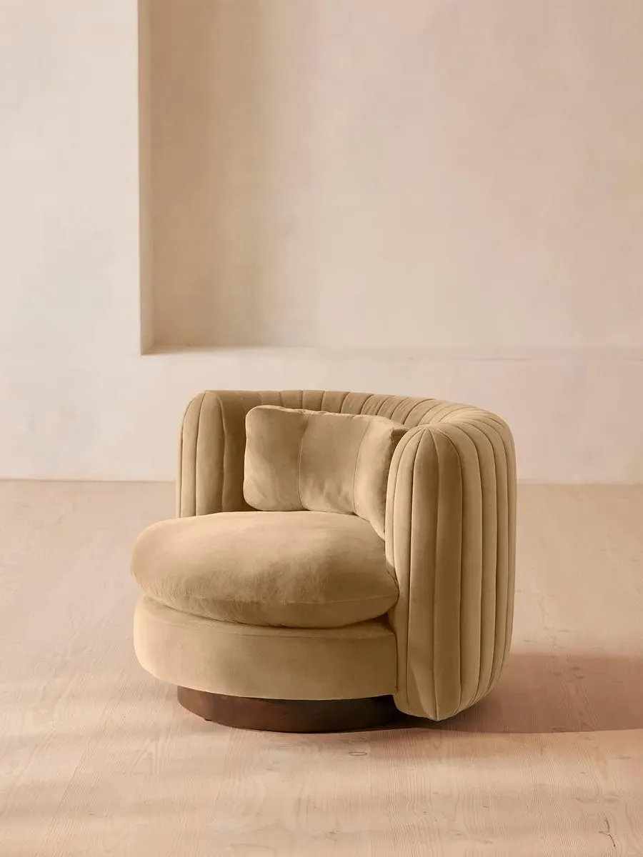 Swivel Armchair with Pleated Back - Camel, Velvet