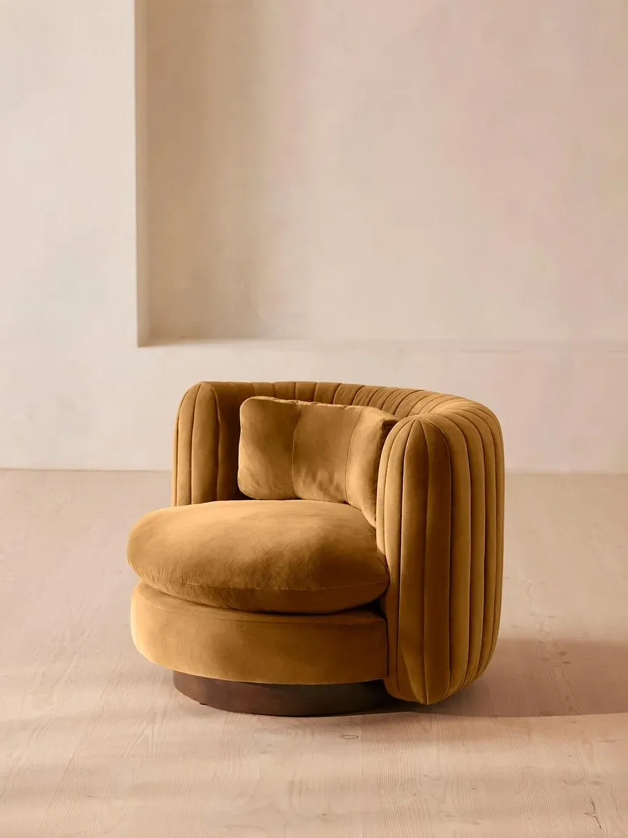 Swivel Armchair with Pleated Back - Mustard, Velvet