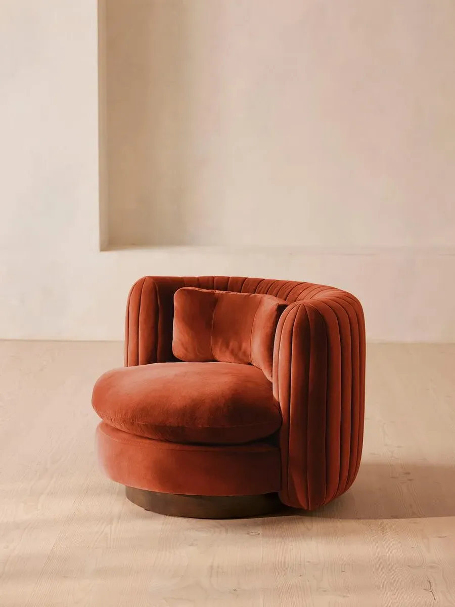Swivel Armchair with Pleated Back - Rust, Velvet