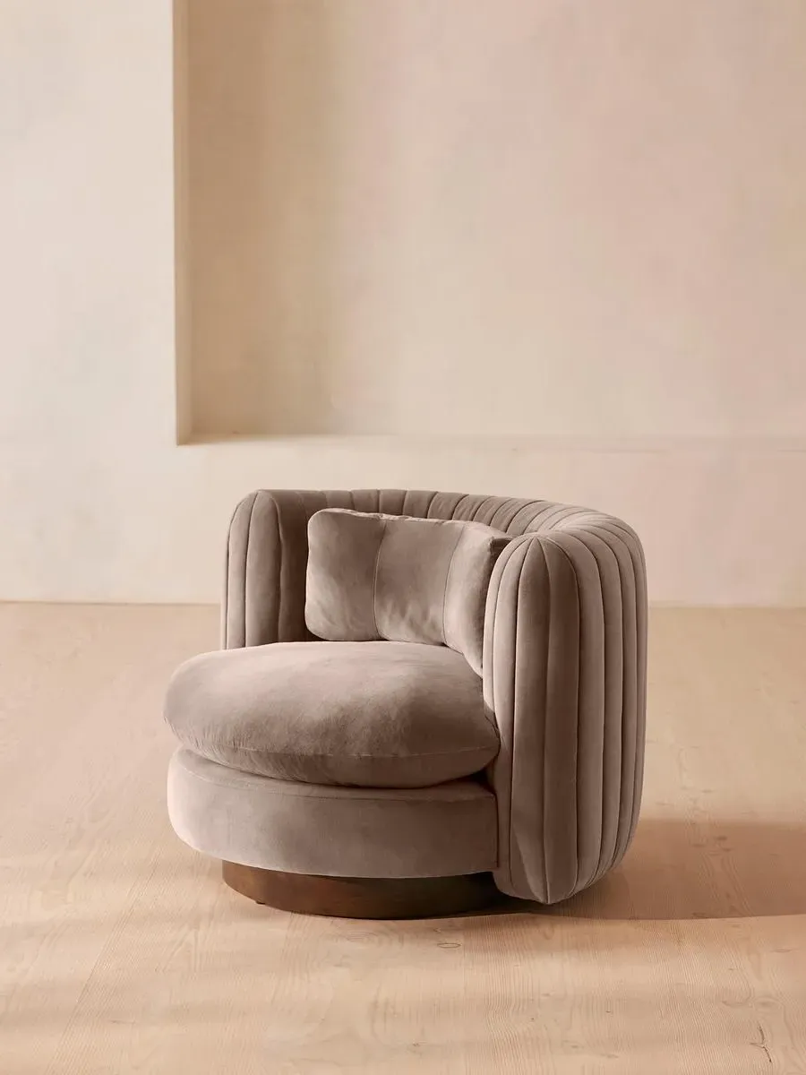 Swivel Armchair with Pleated Back - Taupe, Velvet