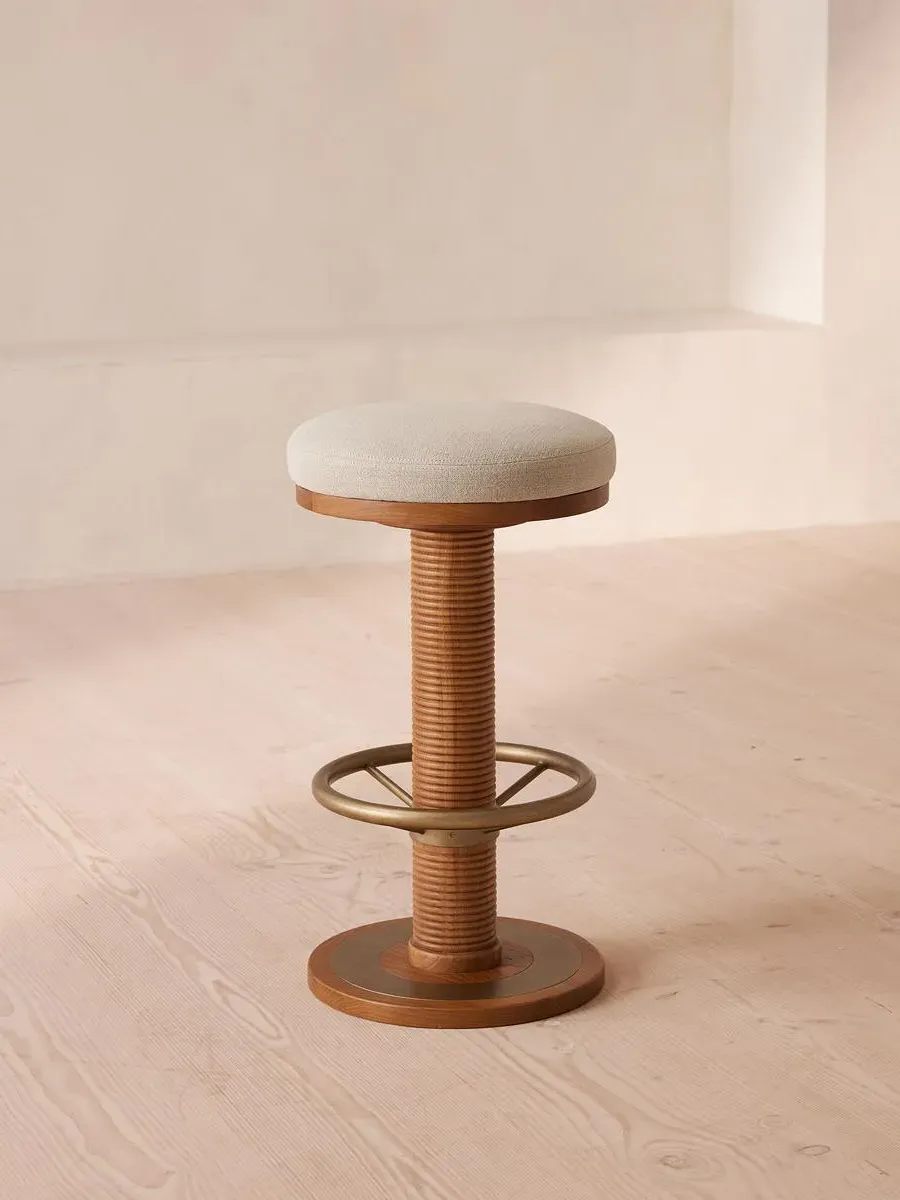 Tall Barstool with Brass Hardware - Oak Wood image