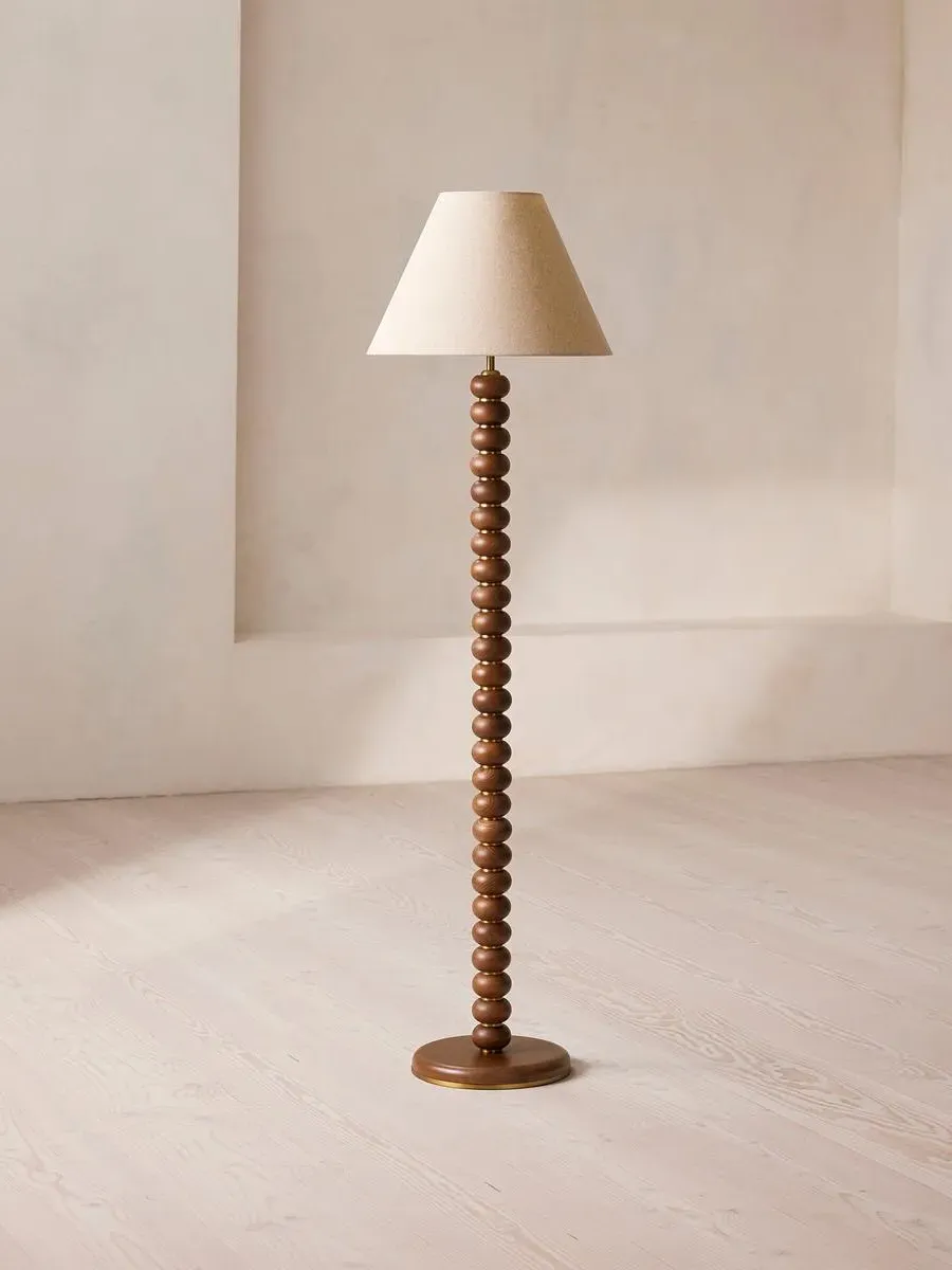 Tall Floor Lamp with Brass Accents - Oak image