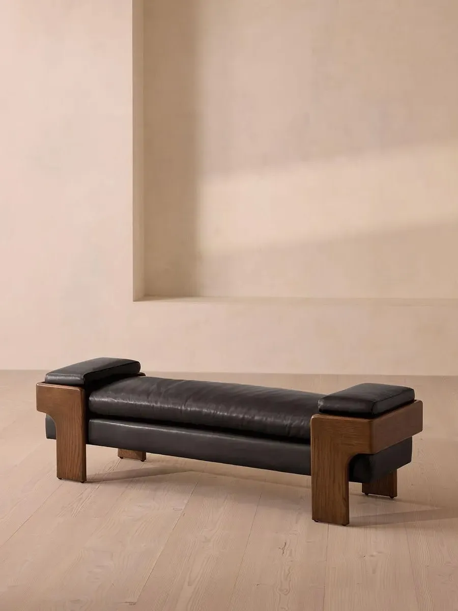 Upholstered Bench with Bolsters - Black, Leather