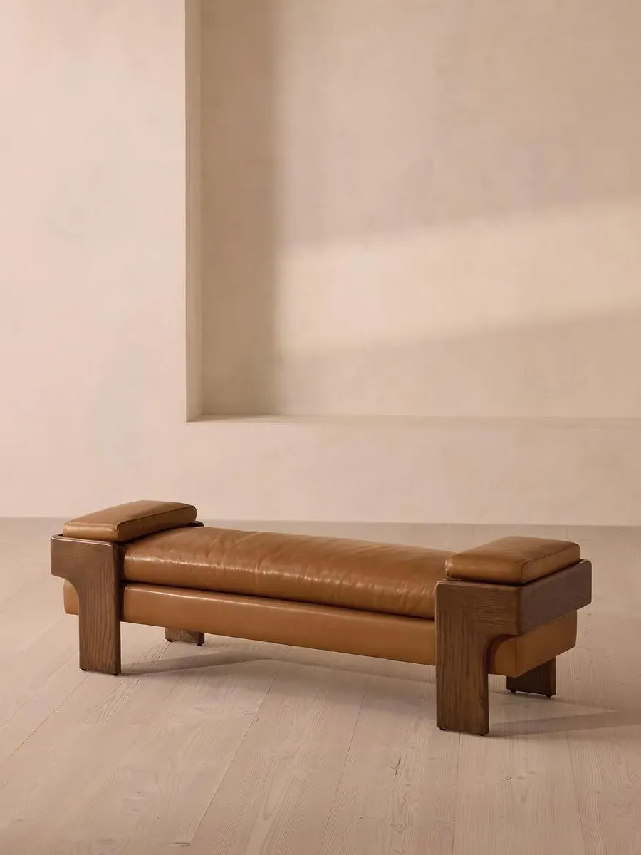 Upholstered Bench with Bolsters - Chestnut, Leather