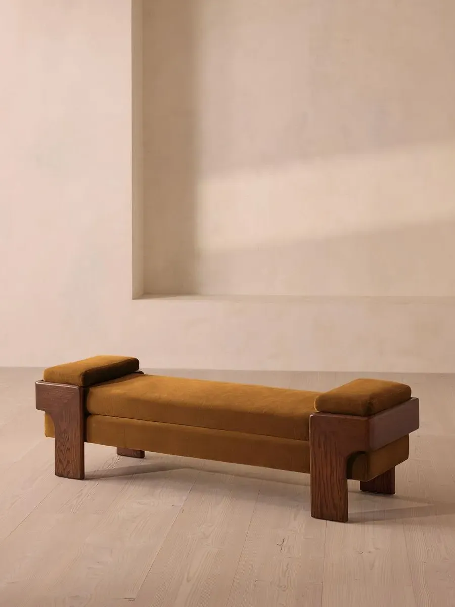 Upholstered Bench with Bolsters - Mustard, Linen