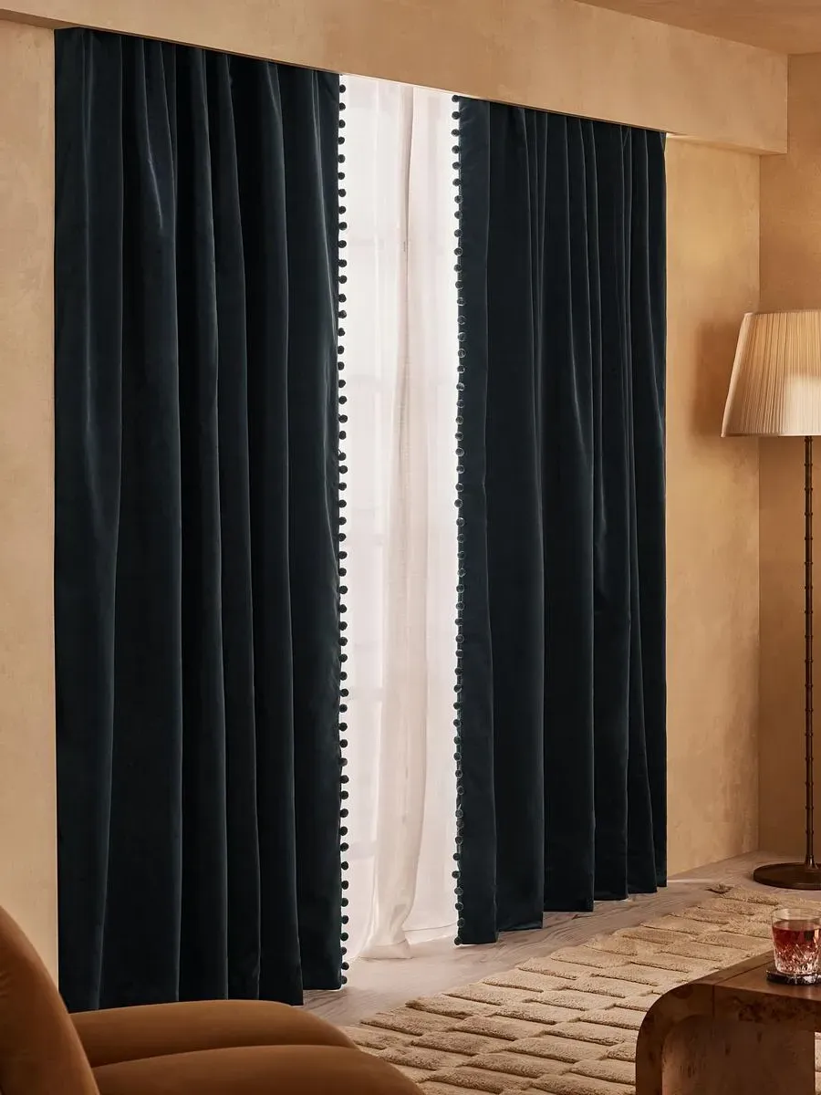 Velvet Curtains with Pompom Trim - Grey Blue