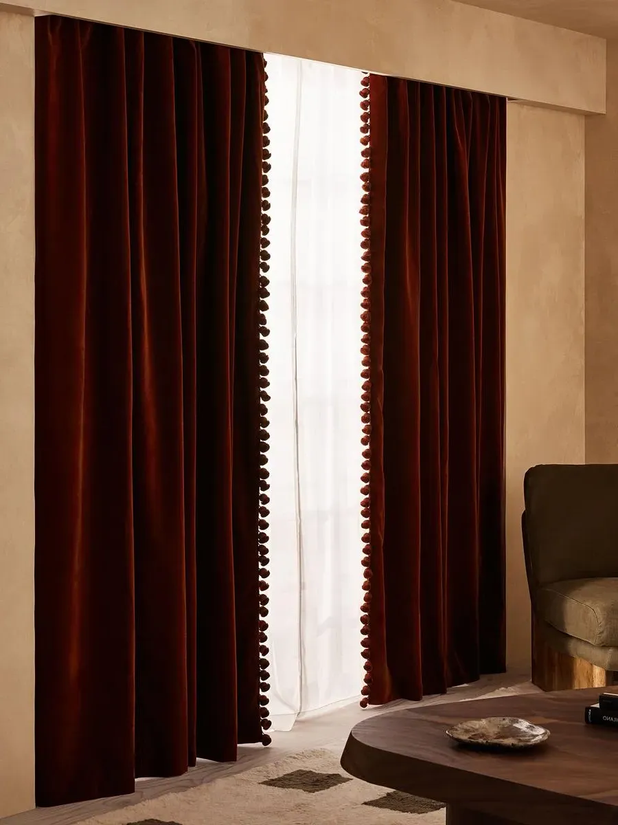 Velvet Curtains with Pompom Trim - Rust, Cotton image