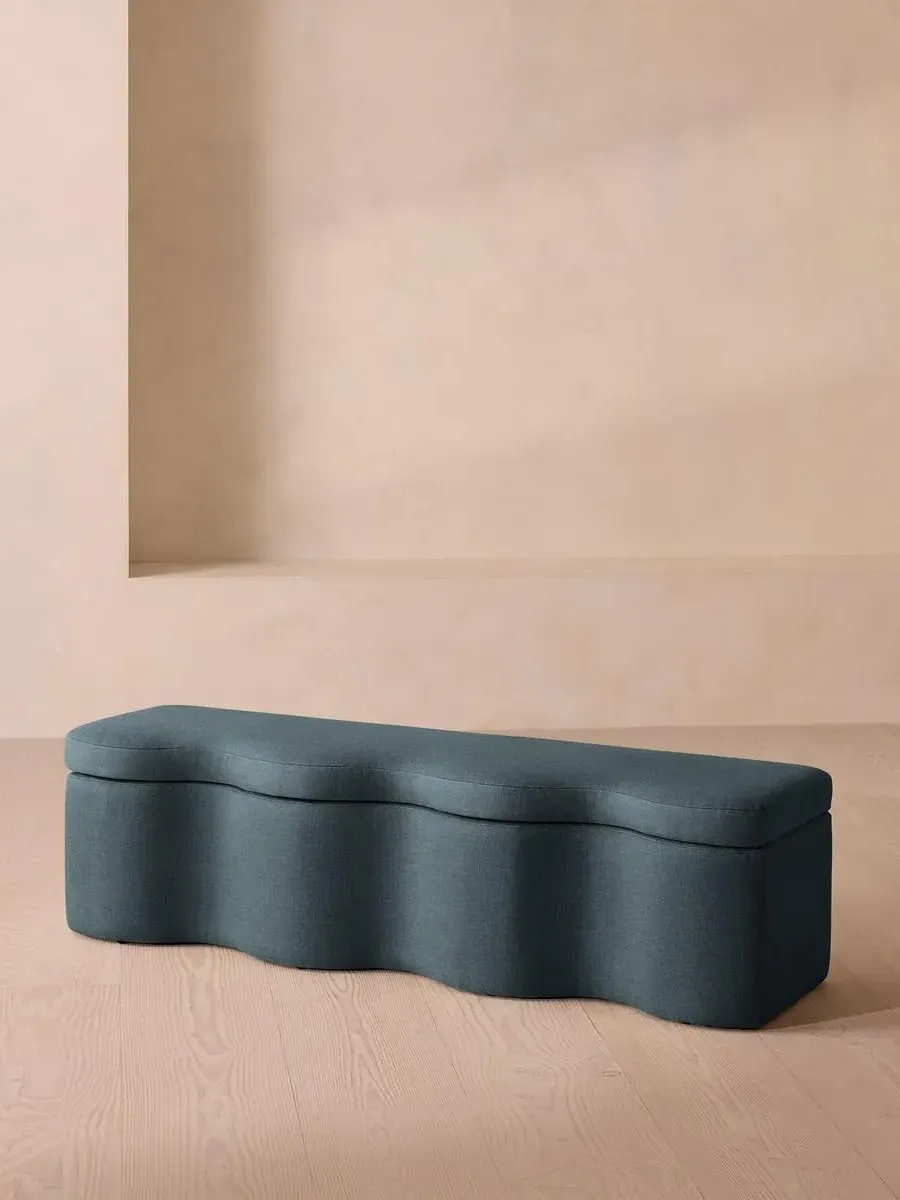 Wave Storage Bench with Hinged Lid - Blue, Linen