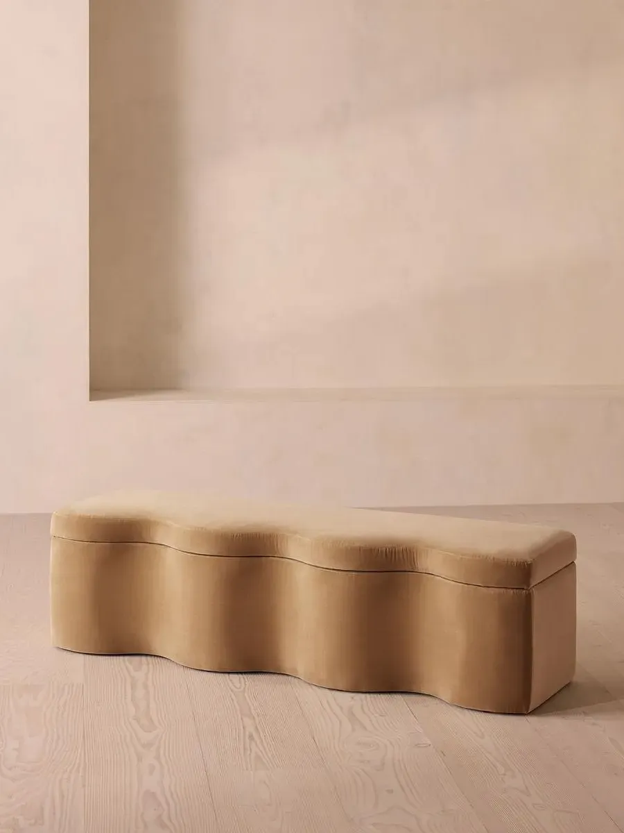 Wave Storage Bench with Hinged Lid - Camel, Velvet