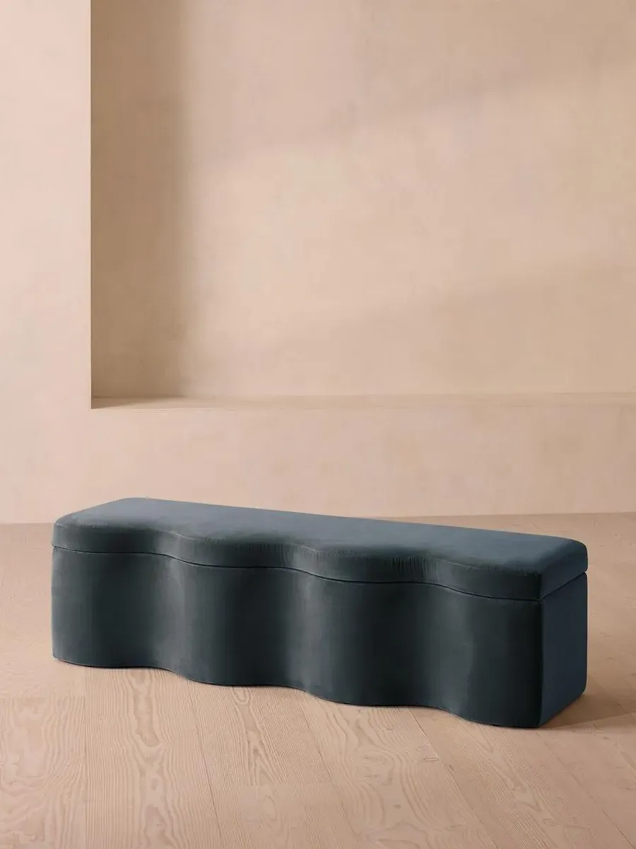 Wave Storage Bench with Hinged Lid - Grey Blue, Velvet