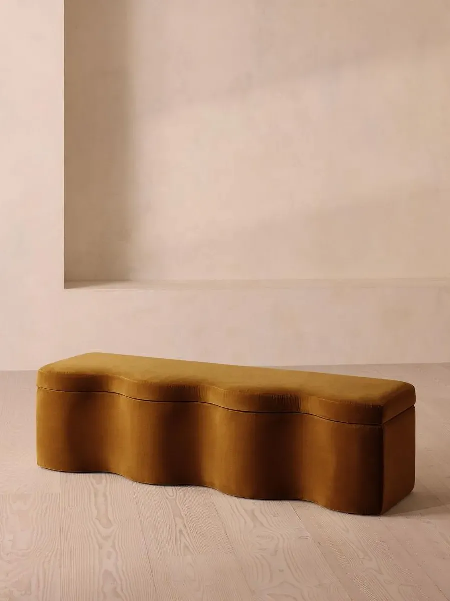 Wave Storage Bench with Hinged Lid - Mustard, Velvet