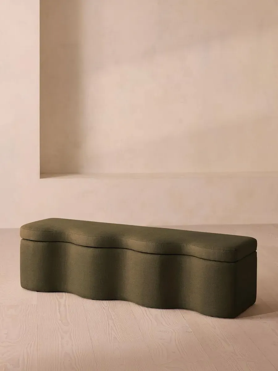 Wave Storage Bench with Hinged Lid - Olive, Linen