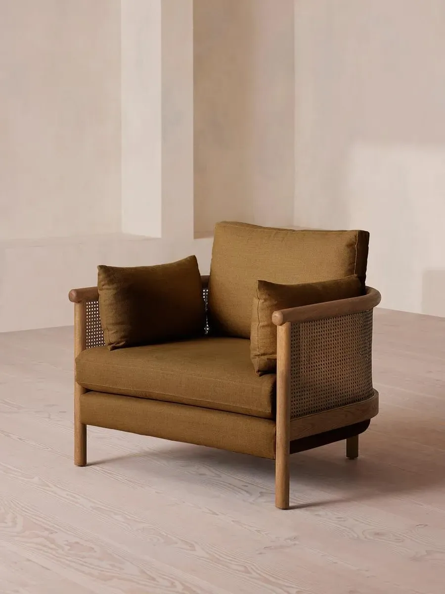 Wraparound Armchair with Cane Panel - Ochre, Linen