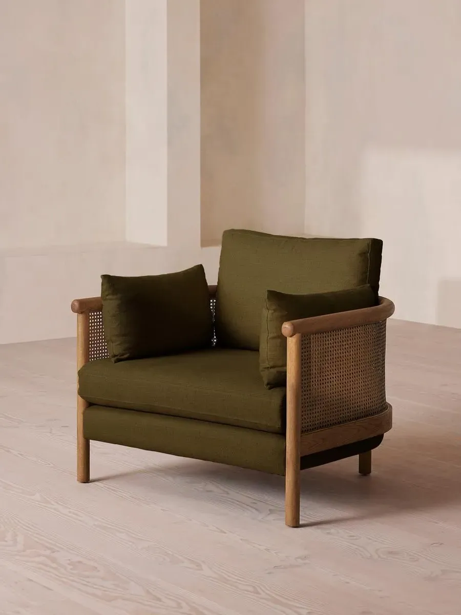 Wraparound Armchair with Cane Panel - Olive, Linen