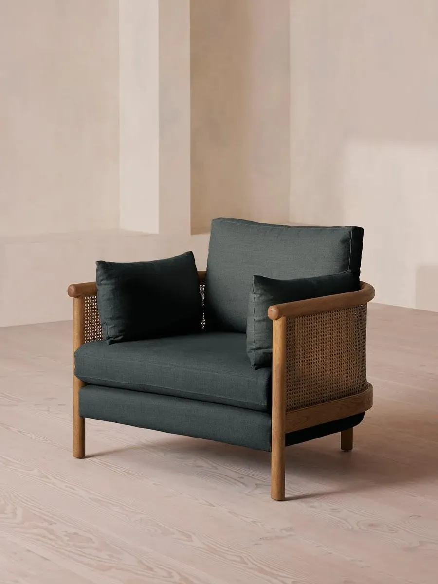 Wraparound Armchair with Cane Panel - Prussian Blue, Linen