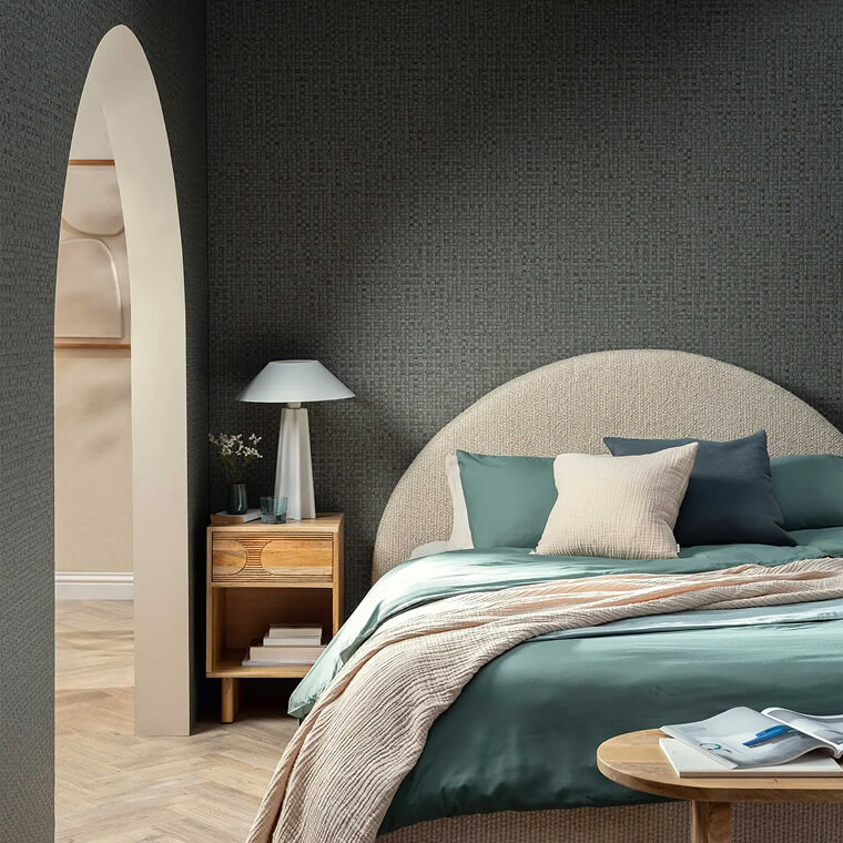 Umbria Neutral Fabric Double Bed Frame in room