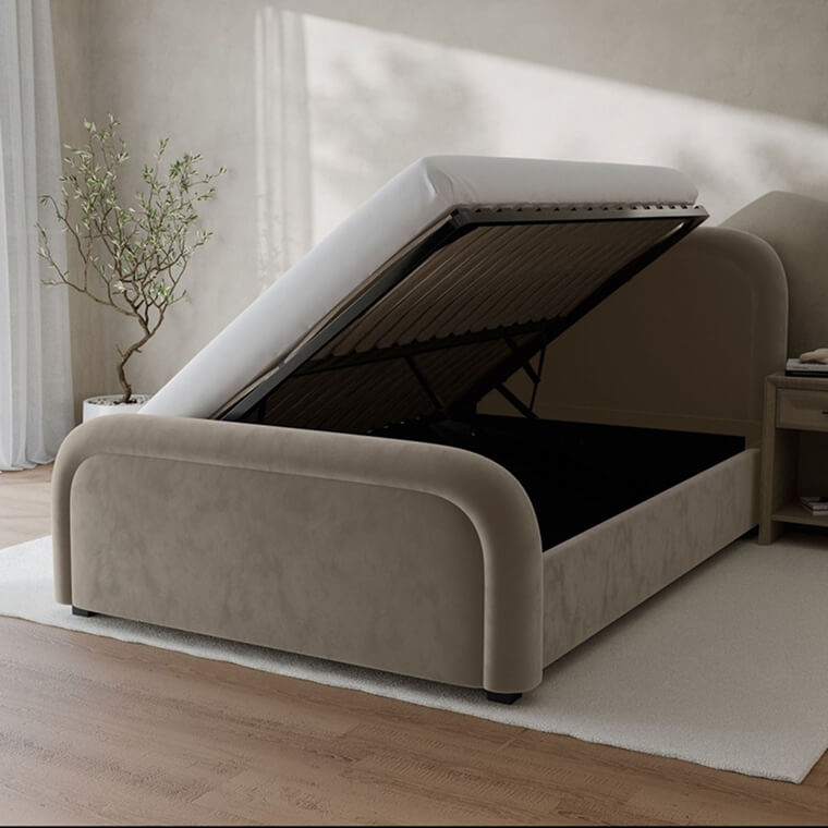 Naomi Mink Velvet Double Ottoman Bed in room