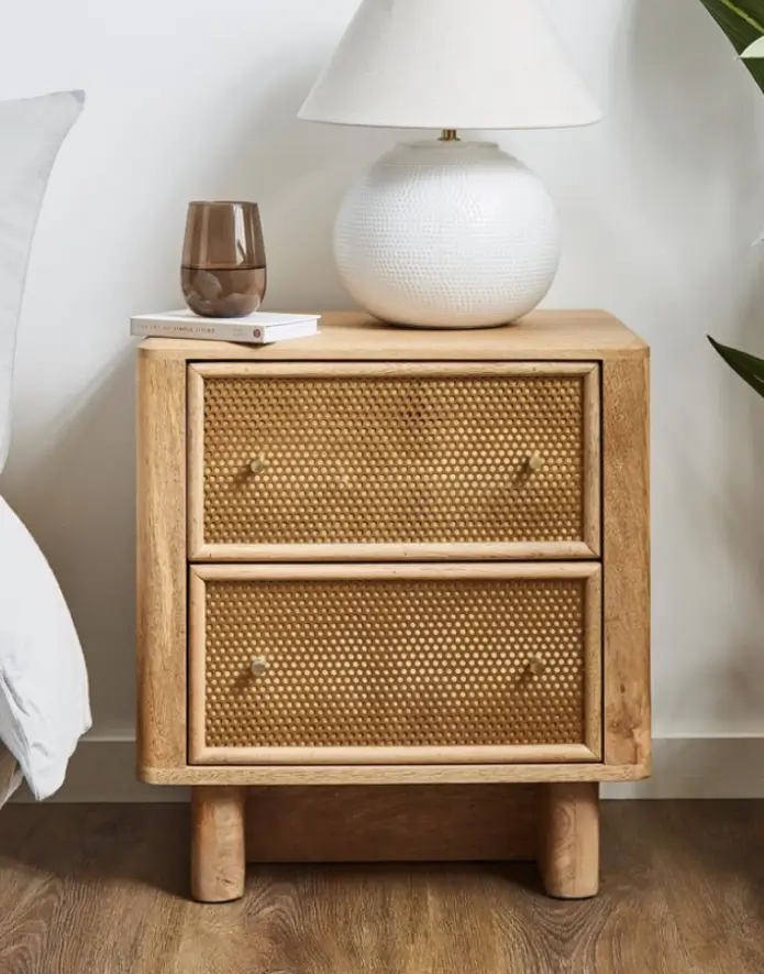 Anila 2 drawer bedside table, light stained mango wood